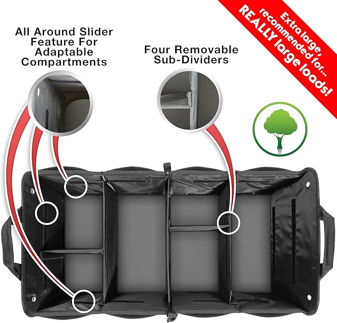 Car Trunk Organizer for SUV, Truck & Auto Cargo Storage, Black, XL | Fits Cars, SUVs & Trucks 6 Adjustable Compartments Non-Slip Base & Securing Straps Foldable 11 Pockets Car Accessories
