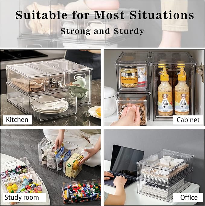 Mano Stackable Fridge Drawers Pull Out Bins with Handle Clear Refrigerator Drawers Organizer Food Storage Container Box with Dividers Plastic Produce Saver for Pantry, Cabinet, Kitchen, Clothes（7Pack）