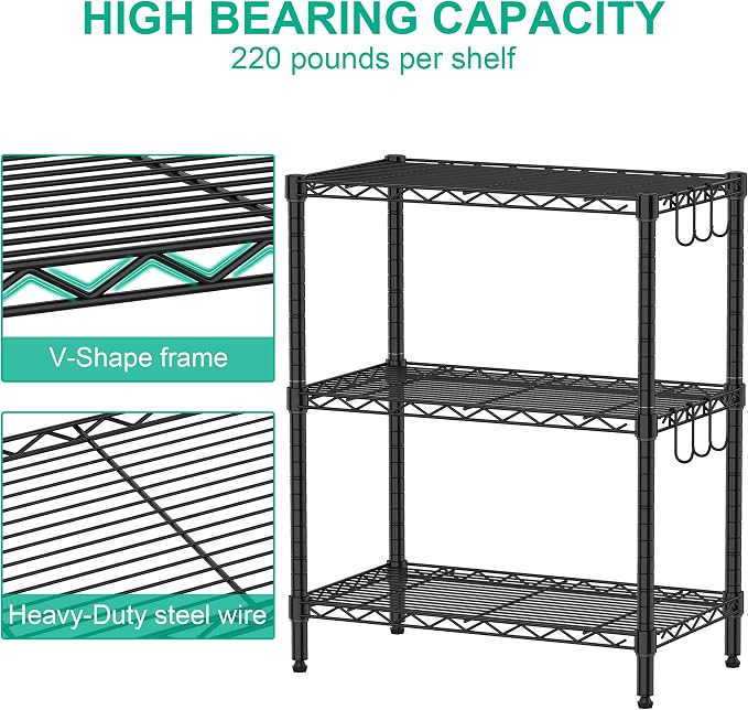 Folews 3-Tier Metal Shelf for Storage, NSF Certified Wire Shelving Unit Storage Rack Organizer Steel Utility Shelf for Kitchen Office Garage Pantry Laundry Organization(13.4D x 23.2W x 29.7H)