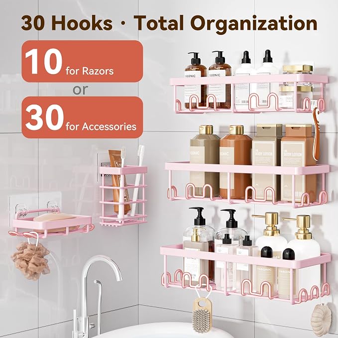 YASONIC Shower Caddy Adhesive, 100% Rustproof Shower Organizer with Soap and Toothbrush Holder, Large Capacity Shower Shelves for Inside Shower, No Drill Shower Storage for Home (5 Pack Pink)