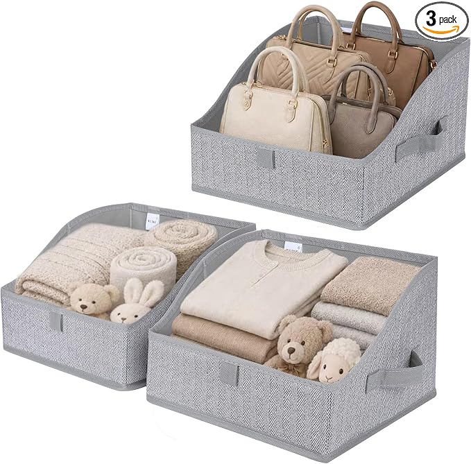 WUIKE 3 Pack Large Closet Storage Bins, Trapezoid Basket, Herringbone Gray | Fabric Storage Baskets with Handles, Purse Organizer for Closet, for Clothes, Sheets, Blankets and Shelves