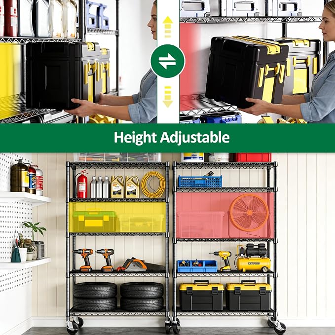 IZEUK 5-Tier Heavy Duty Metal Shelving Unit, Adjustable Steel Wire Storage Rack for Garage, Kitchen, Basement, Laundry Room & Office, Black, 17.7" D x 47.2" W x 72.3" H, 1750 lbs Capacity