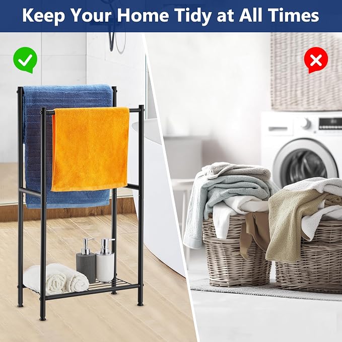 Free Standing Towel Rack, 2 Tier Towel Racks for Bathroom with Storage Shelves, Outdoor Standing Towel Drying Rack for Poolside, Black, DECLUTTR