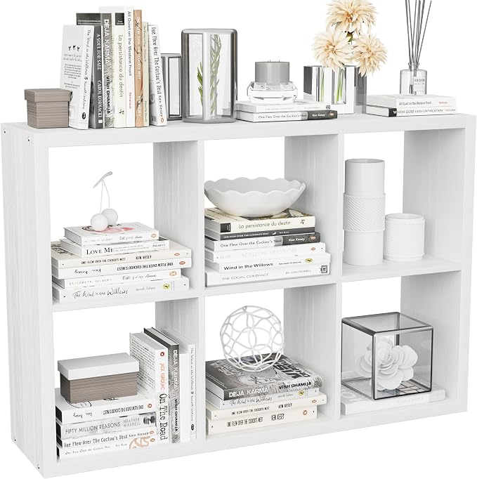 VDNEND Cube Storage Organizer Bookcase, Decorative 11 inch Open Back Cubical Shelf with Thickened Border, Display Bookshelf for Living Room, Home Office, Sturdy Room (White, 6 Cube)