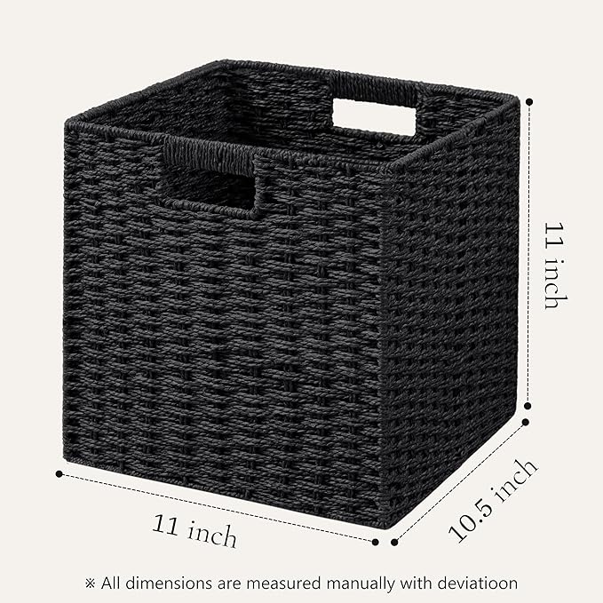 UBBCARE 3 Pack Wicker Basket, 11L×11H×10.5W inch Woven Paper Rope Storage Baskets for Shelves, Foldable Cube Storage bin with Handle, Storage Basket for Organizing & Decor, Black