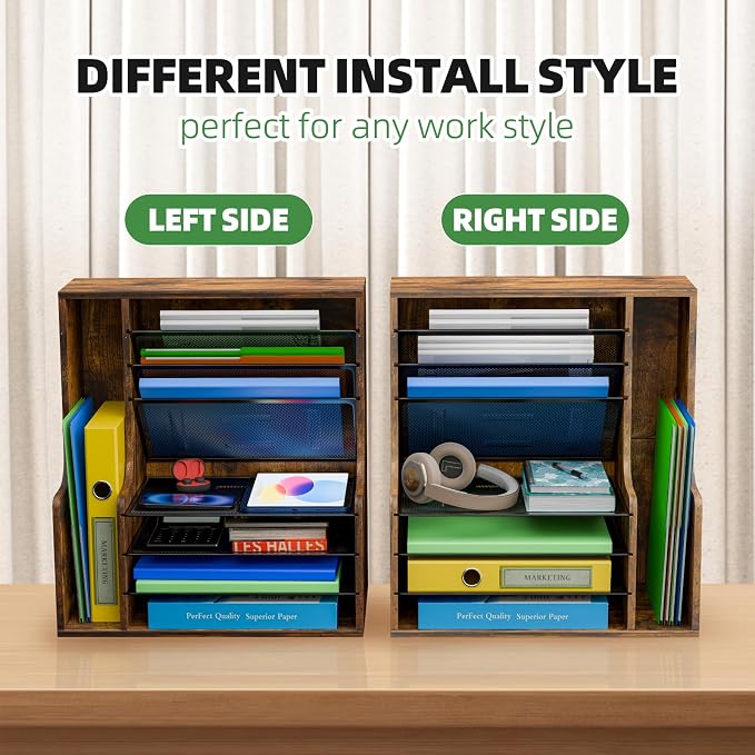 Simple Trending 7- Tier Desk File Organizer, Paper Organizer, Rustic Brown | Adjustable Letter Trays, Wooden Desk Accessories with Side File Holder, for Office Home Classroom, 16"L x 9"W x 17"H