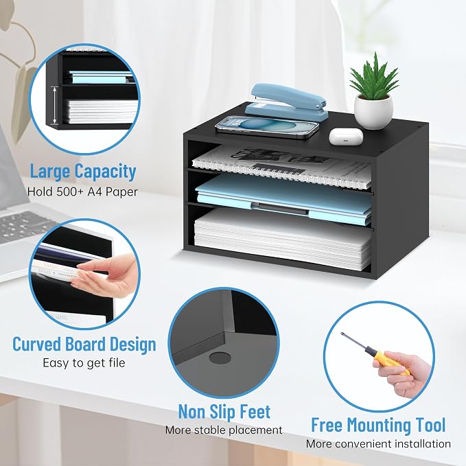 3-Tier Paper Organizer for Desk, Adjustable Mail Organizer, Black | 3-Tier Paper Organizer and Mail Organizer for Desk with Adjustable Shelves for Letter Size Files Folders and Office Supplies
