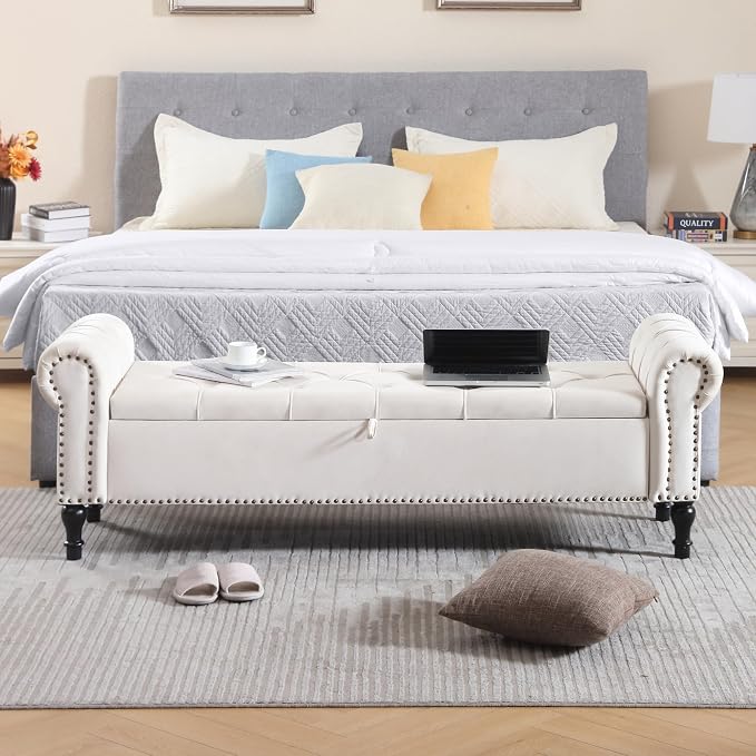Velvet Storage Bench 67 Inch Upholstered Tufted Ottoman Bench with Arms Large Storage Space King Size End of Bed Benches for Bedroom Living Room Entryway Beige
