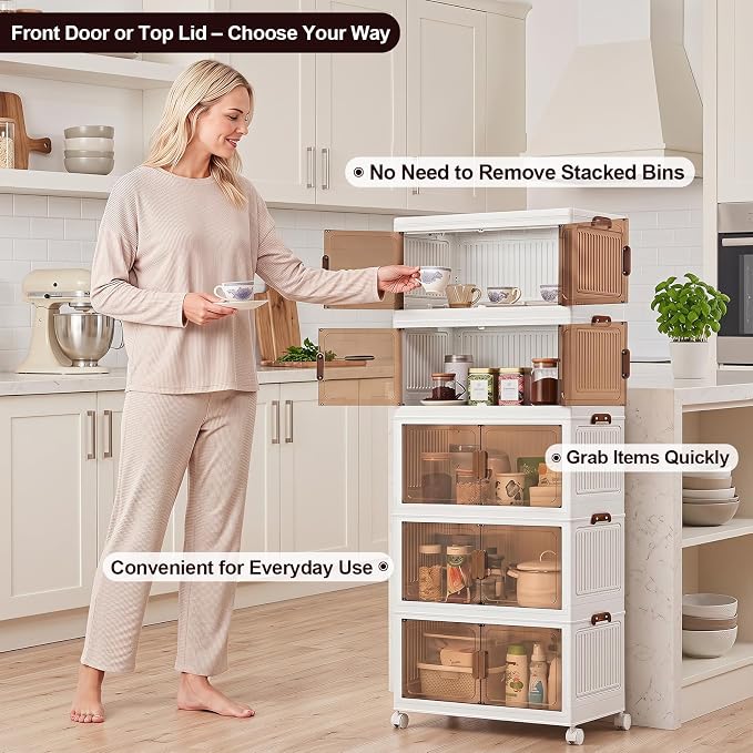 120QT Stackable Storage Bins With Lids, Collapsible Plastic Storage Bins with Wheels and Doors, Foldable Plastic Cabinets for Bedroom Dorm Garage Office Kitchen, 5 Pack