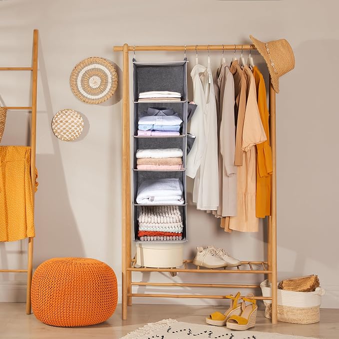 BOOMIBOO Hanging Closet Organize and Shelves，5-Hanging Shelf with 2 Side Pockets，Storage Foldable （Light Grey）