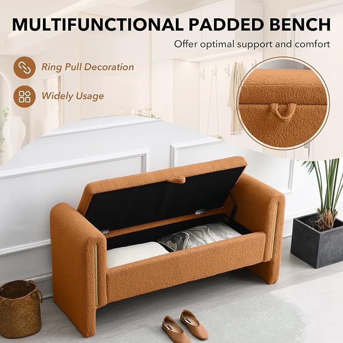 NIOIIKIT 52" Storage Ottoman Bench, Teddy Upholstered Storage Bench with Armrest, Entryway Bench with Pull-Ring, End of Bed Bench, Window Bench for Living Room (Coffee)