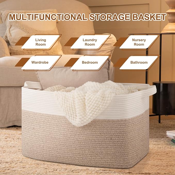 Extra Large Laundry Basket, 95L Blanket Basket for Living Room, Cotton Rope Toy Storage for Kids, Woven Baskets for Clothes, Towels, Pillows, 24" x 17" x 14", Brown and White