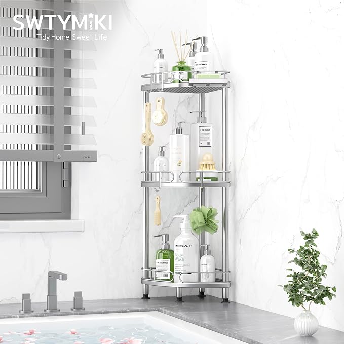 SWTYMIKI Corner Shower Caddy Standing - 3 Tier Rustproof Metal Shower Organizer Stand with Soap Holder and 4 Hooks, Freestanding Floor Shower Storage Stands for Bathroom, Silver