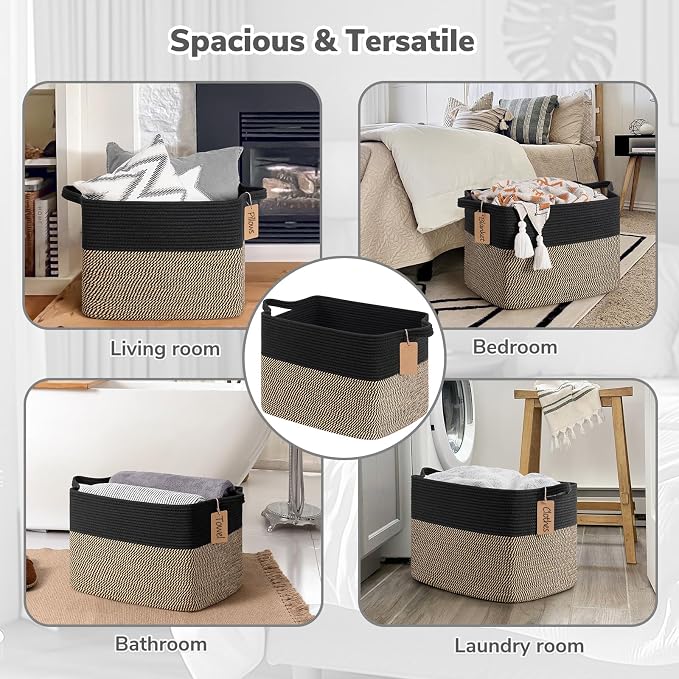 Goodpick Large Wicker Storage Baskets for Organizing, Black & Jute | 50L, 18 × 14 × 12 in, Reinforced Handles, Shoes, Towels & Toys Storage, Living Room, Bedroom & Nursery Organization