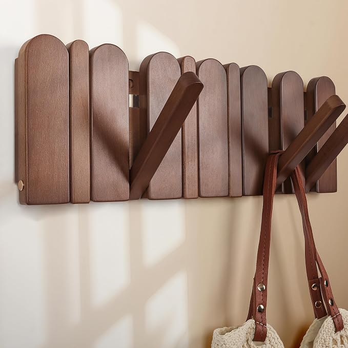 Wall Coat Rack for Entryway: Wooden Modern Heavy Duty 6 Hooks | Foldable Wall Mounted for Small Spaces Entryway Bathroom for Hanging Jacket Towel Backpack - Space Saving Home Decor