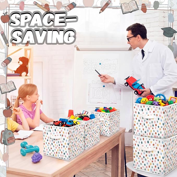 6 Pcs 11 Inch Polka Dots Fabric Storage Cube Bin Woven Foldable Storage Cubes for Classroom Basket Bin Classroom Organizer with Handle Decor for Organizing Clothes, Toy, Book