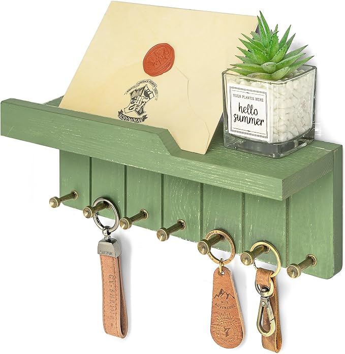 Rebee Vision Key Holder Wall Mount with 7 Hooks for Home Decor, Green | Pine Wood, Key Holder for Wall, Floating Shelf, Hats and Leashes Hanging, Small Essentials Storage, Stylish Home Decor