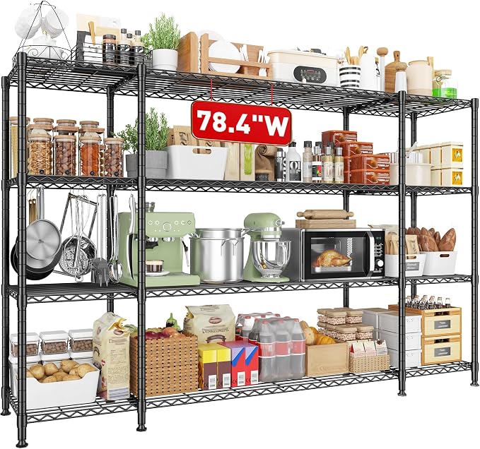 REIBII 78.4''W Storage Shelves, 1500LBS Heavy Duty&Space Saving for Garage | 4 Tier Adjustable Wire Shelving, Powder Coated, Tool-Free Metal Shelving, Scratch Resistant, Rust-resistant, three regular