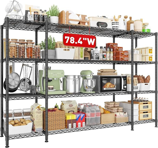 REIBII 78.4''W Storage Shelves, 1500LBS Heavy Duty&Space Saving for Garage | 4 Tier Adjustable Wire Shelving, Powder Coated, Tool-Free Metal Shelving, Scratch Resistant, Rust-resistant, three regular