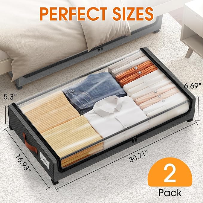 SpaceHacks Under Bed Storage with Wheels 2Pack Storage Containers with Clear Window&Label Under Bed Drawers Rolling Under Bed Storage for Clothes,Shoes, Blankets (30.71 x 16.93 x 6.69 in, Dark Grey)