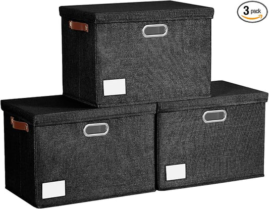 15" Large Collapsible Storage Bins with Lids, Stackable Closet Organizers with PU Handle and Labels, 3-Pack Decorative Fabric Storage Boxes for Home, Bedroom, Closet, Office, Nursery(Black)