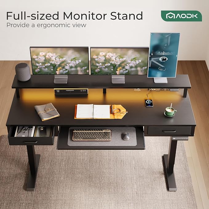 AODK 63 Inch Electric Standing Desk with Drawers & Keyboard Tray, Black | 3 Outlets & 2 USB Ports, 20-Mode LED Lights, Monitor Stand, Cable Management Tray, 3 Memory Heights, 29.9"-46.1" in Range