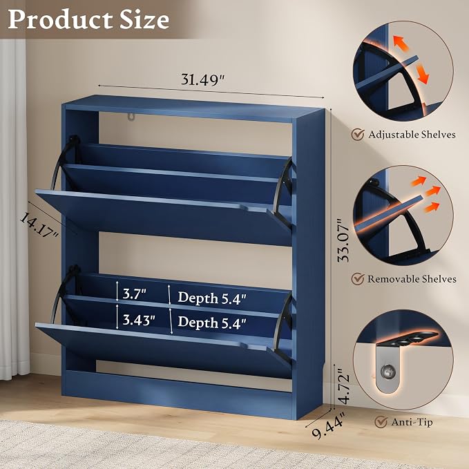 BORNOON Shoe Cabinet with 2 Flip Drawers, Slim Narrow Shoe Storage Cabinet, Freestanding Shoe Organizer with Adjustable & Removable Shelves, Top Display Shelf for Entryway, Hallway, Foyer, Closet