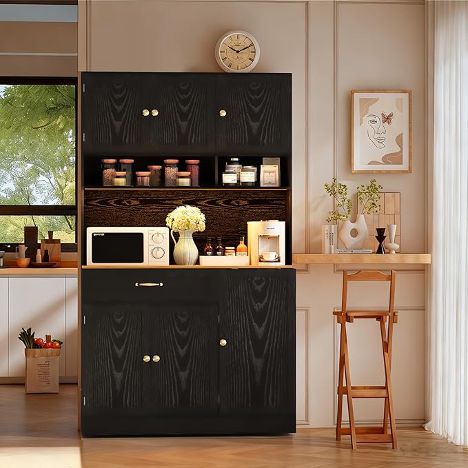 FJTJBSI 72" Kitchen Pantry Cabinet with LED Light and Charging Station Tall Pantry Storage Cabinet with Adjustable Shelves and Door Shelves Modern Kitchen Hutch with Countertop Black