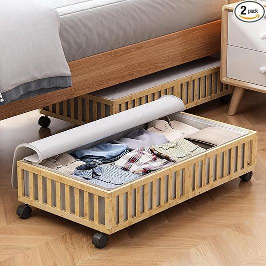 2 Pack Large Bamboo Under Bed Storage Containers with Wheels, Nature | Underbed Drawer Storage with Bag, Wood Rolling Underbed Organizer for Shoes, Sheets Clothes Blanket Comforter, Under Crib Toy
