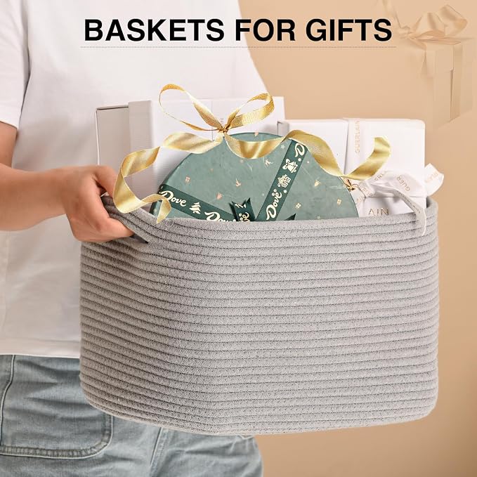 ICERZCZ Woven Cotton Rope Storage Basket for Organizing, Cute Decorative Baskets for Gifts Empty, Organizer Bins for Dog Toy, Baby Laundry, 15“×11”×9.5“, Light Grey