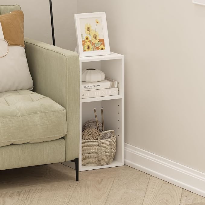 Furinno Fulda Book Shelf, 2-Tier Narrow Bookshelf, Bookcase with 10-in Width Storage Shelf, 9.3 x 9.8 x 21.2, for Living Room, Bedroom, Home Office, White