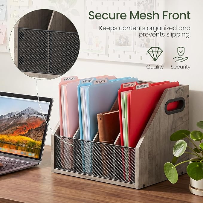 Wooden Desktop File Organizer with Removable Dividers, Mesh Front Panel for Paper, Mail, Magazine, Home Office Desk Storage, Easy Assembly, Greige MWJ06FH