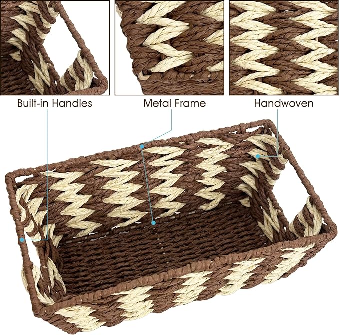 Paper Rope Storage Baskets for Shelves Organizing, Small Hand Woven Wicker Organizer Basket with Handle for Bathroom Toilet Paper Storage, Beige and Brown, 3-Pack