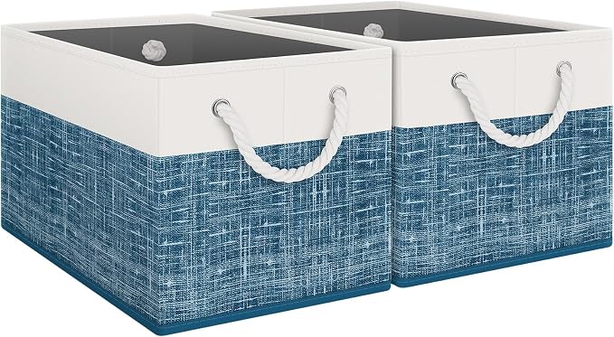 Fab totes Storage Bins 2-Pack, Foldable Storage Baskets for Organizing Toys, Books, Shelves, Closet, Large Storage Box with Rope Handles, Sturdy Organizer Bins, White & Blue