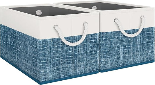 Fab totes Storage Bins 2-Pack, Foldable Storage Baskets for Organizing Toys, Books, Shelves, Closet, Large Storage Box with Rope Handles, Sturdy Organizer Bins, White & Blue