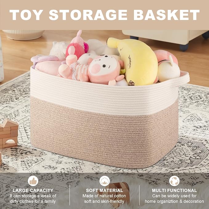 Extra Large Laundry Basket, 95L Blanket Basket for Living Room, Cotton Rope Toy Storage for Kids, Woven Baskets for Clothes, Towels, Pillows, 24" x 17" x 14", Brown and White