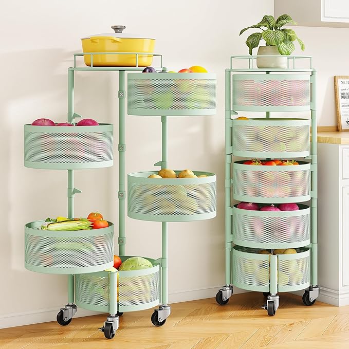 SNTD Fruit and Vegetable Basket Bowls for Kitchen with Metal Top Lid, 5 Tier Rotating Storage Rack Cart for Potato Onion Bread Banana, Wire Basket Organizer on Wheels, Large (Green)