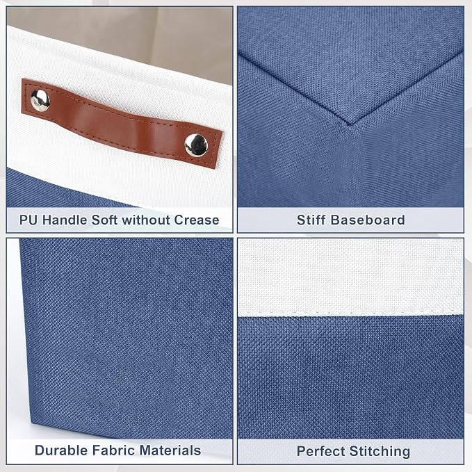 Bagnizer Collapsible Fabric Storage Cubes 11x11 Cube Storage Bins, 4 Pack Closet Baskets Box with Handles for Organizing, Shelf, Toys, Clothes, Home, Office, Nursery (Navyblue&White)