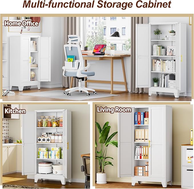 61" White Metal Storage Cabinet with 2 Doors and 3 Adjustable Shelves,Steel Garage Tool Cabinet, File Cabinet,Kitchen Pantry Cabinet for Home,Office,Garage,School,Warehouse
