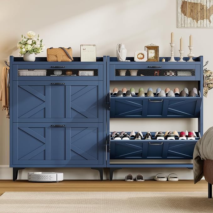 Shoe Cabinet with 2 Flip Drawers & Top Drawer, Farmhouse Narrow Shoe Storage Cabinet with Adjustable Shelves & Hooks, Freestanding Hidden Slim Shoe Rack Cabinet for Entryway, Hallway, Blue