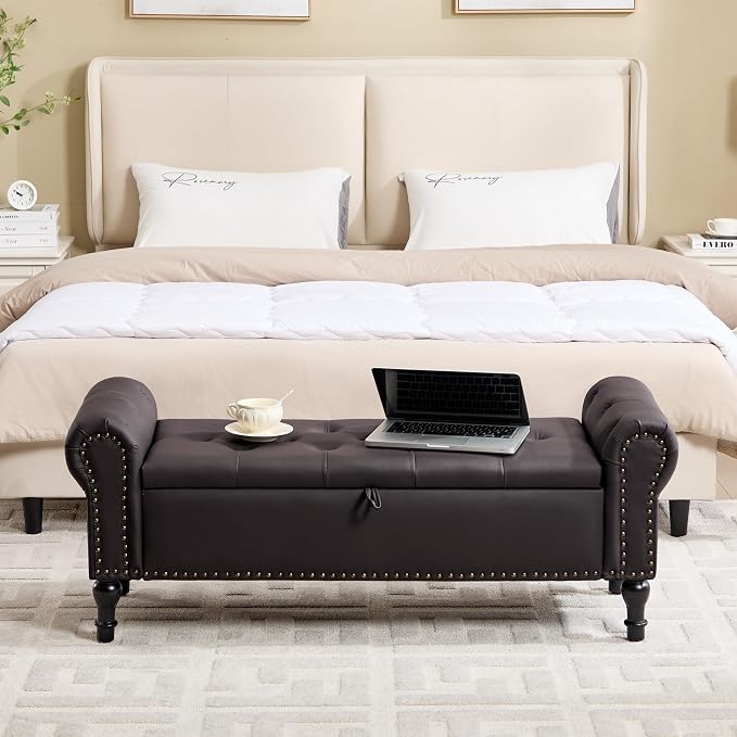 51" Storage Bench for Bedroom, Faux Leather End of Bed Bench, Queen Size Bench with Rolled Arms, Tufted Storage Ottoman Benches, Upholstered Bench for Bedroom, Living Room, Entryway, Dark Brown