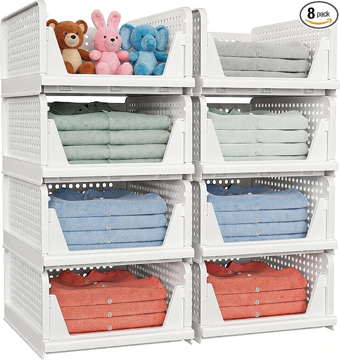 caktraie 8 Pack Stackable Closet Storage Basket - Stackable Storage Bins | Multifunctional & Foldable Closet Organizer Waterproof, Wardrobe Cupboard Space-Saving Storage Drawer Organizer
