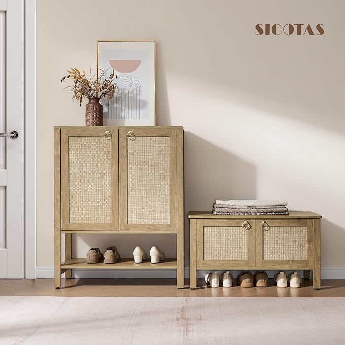 SICOTAS Shoe Storage Cabinet for Entryway, 5 Tier, 2 Pieces | Rattan Entry Shoe Organizer Cabinet with Shelves & Doors, Boho Shoe Rack for Hallway, Living Room, Closet (Carbon Cherry)