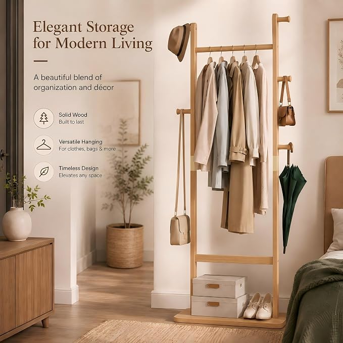 Solid Wood Coat Rack Freestanding, Clothing Rack with 5 Hooks & Bottom Shelf, Coat Rack Stand for Hanging Clothes, Wood Hall Tree Organizer for Entryway, Bedroom (Natural Wood 23.6"W x 70.8"H)