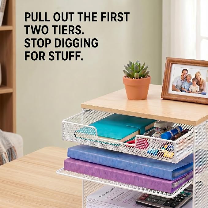 4-Tier Mesh Desk Organizer and Accessories with Drawer Wooden Top Desktop Organizers Letter Tray Paper Organizer File Holder for Home Office School White