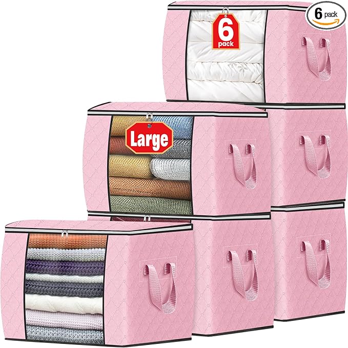 Fab totes 24 Gallons Clothes Storage, Foldable Thick Fabric Blanket Storage Bags, Containers for Organizing Bedroom, Closet, Clothing, Comforter, Organization with Handle (6 Pack,Pink)