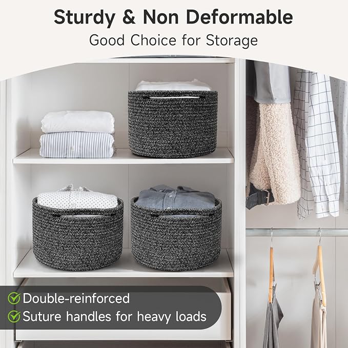 3 Pack Small Rope Storage Baskets, 9.82×9.82×7.1", Black | Cotton Basket for Gifts Empty, Cute Round Woven Basket, Decorative Shelf Basket Organizer, Organizing Basket for Shelves
