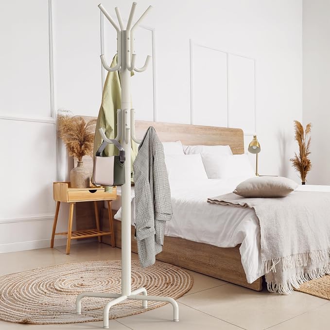 Simple Houseware Standing Coat/Hat Hanger Organizer Rack, 12 Hooks, White | For Entryway, Bedroom, and Hallway