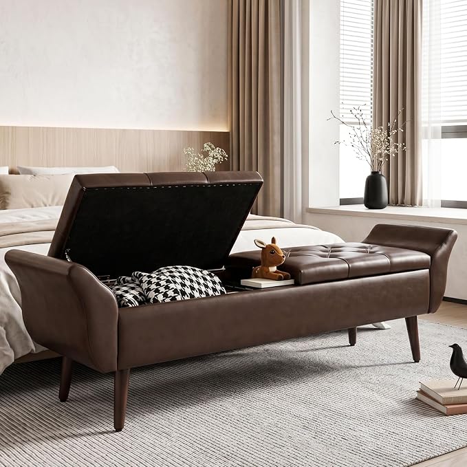 Storage Ottoman Bench 64’’Length 65L Faux Leather End of King Bed Bench
