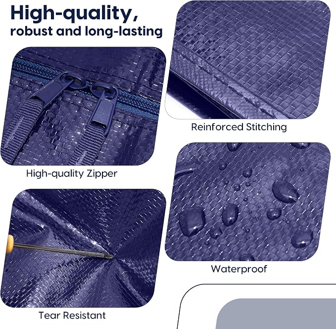 6 Pack Moving Bags Heavy Duty 210GSM with Full-Open Side Zipper, 93L 220lbs Waterproof Foldable Storage Totes for College Dorm Move-In, Moving Boxes Alternative & Home Organization, Blue